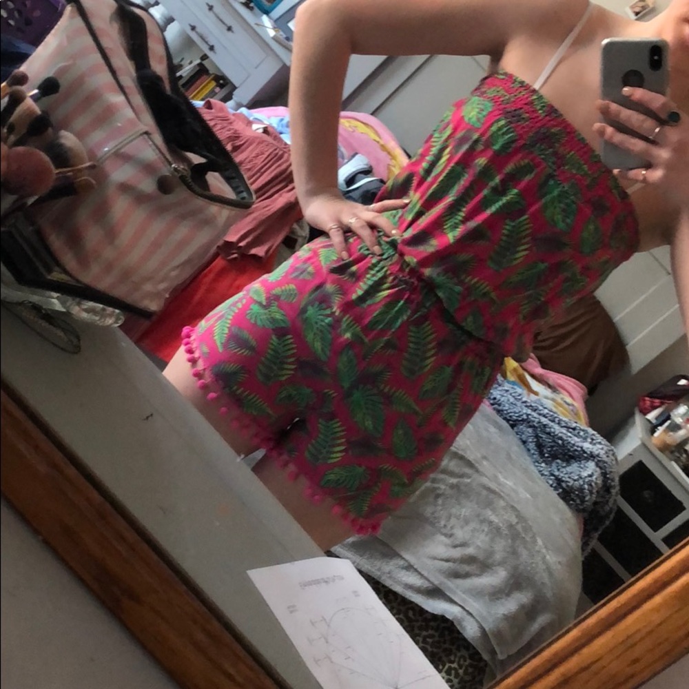 hot pink and green leaf bandeau romper